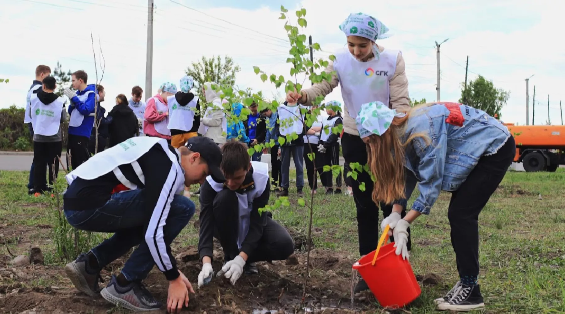 Школьники и сотрудники СГК высадили березки у остановки «Университетская»