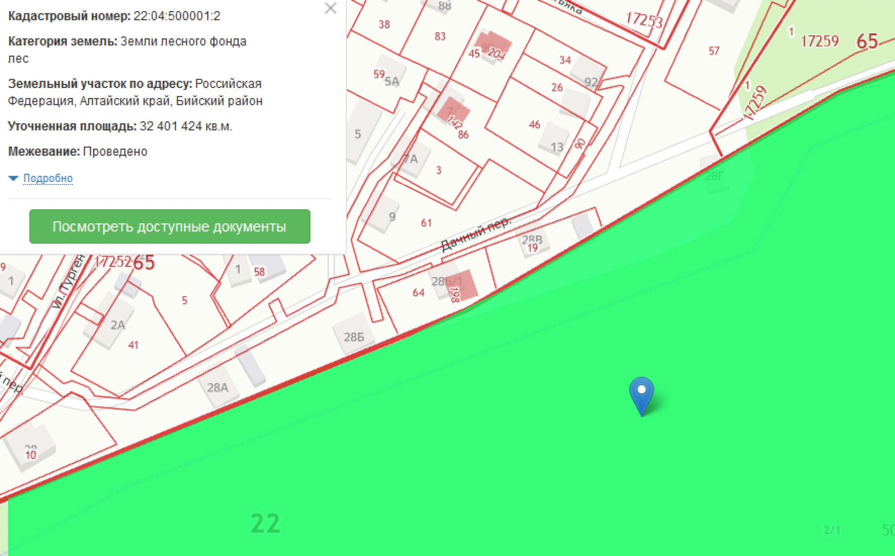Зеленым отмечены земли лесного фонда. Скрин: публичная кадастровая карта.