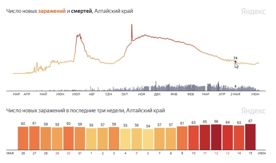 В Алтайском крае впервые с начала мая выявили более 70 зараженных COVID