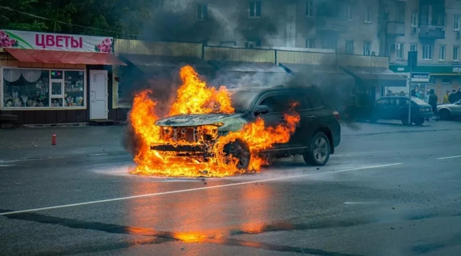 Пожар. Сгоревший автомобиль