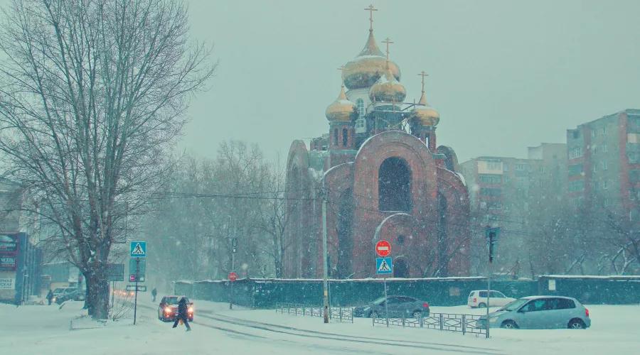 снегопад, Бийск, церковь, вокзал