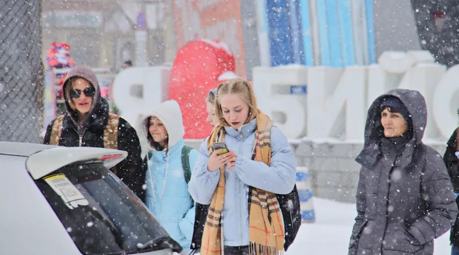 Снег в Бийске. Девушка с телефоном. Зима. 
