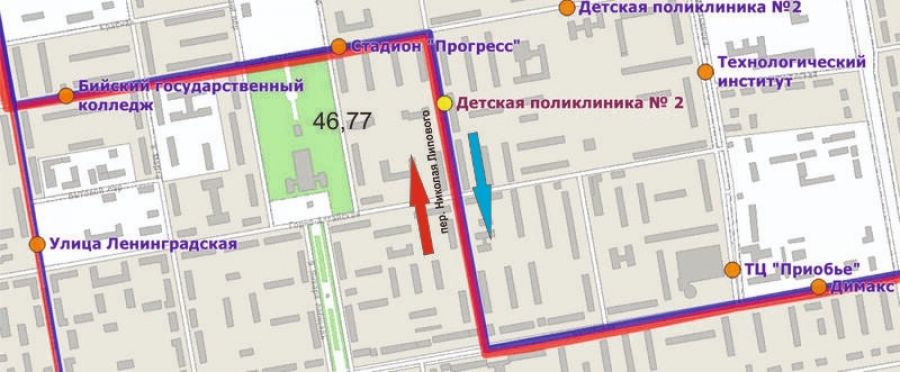 Схема движения маршрутов №46 и №77 в Бийске