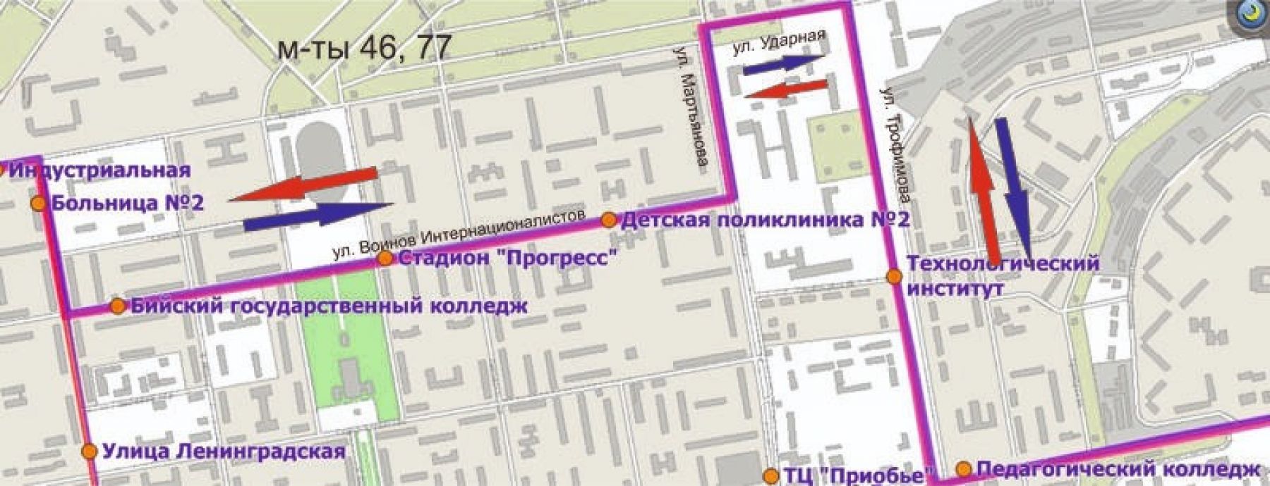 Схема движения маршрутов №46 и №77 с 22 мая